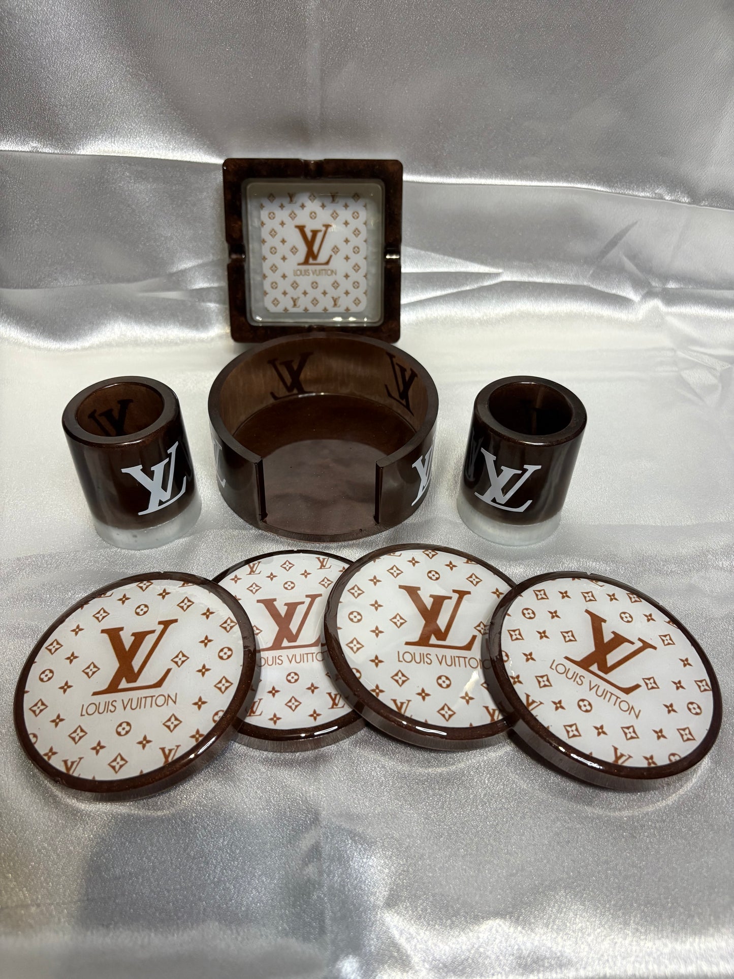 Resin coaster set with matching shot glasses